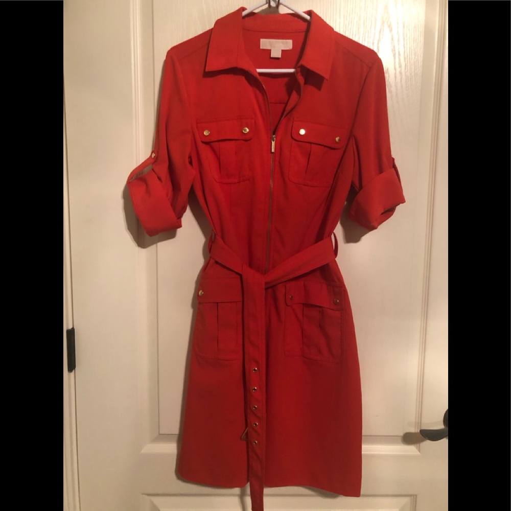 Red Utility Shirt Dress with Belt